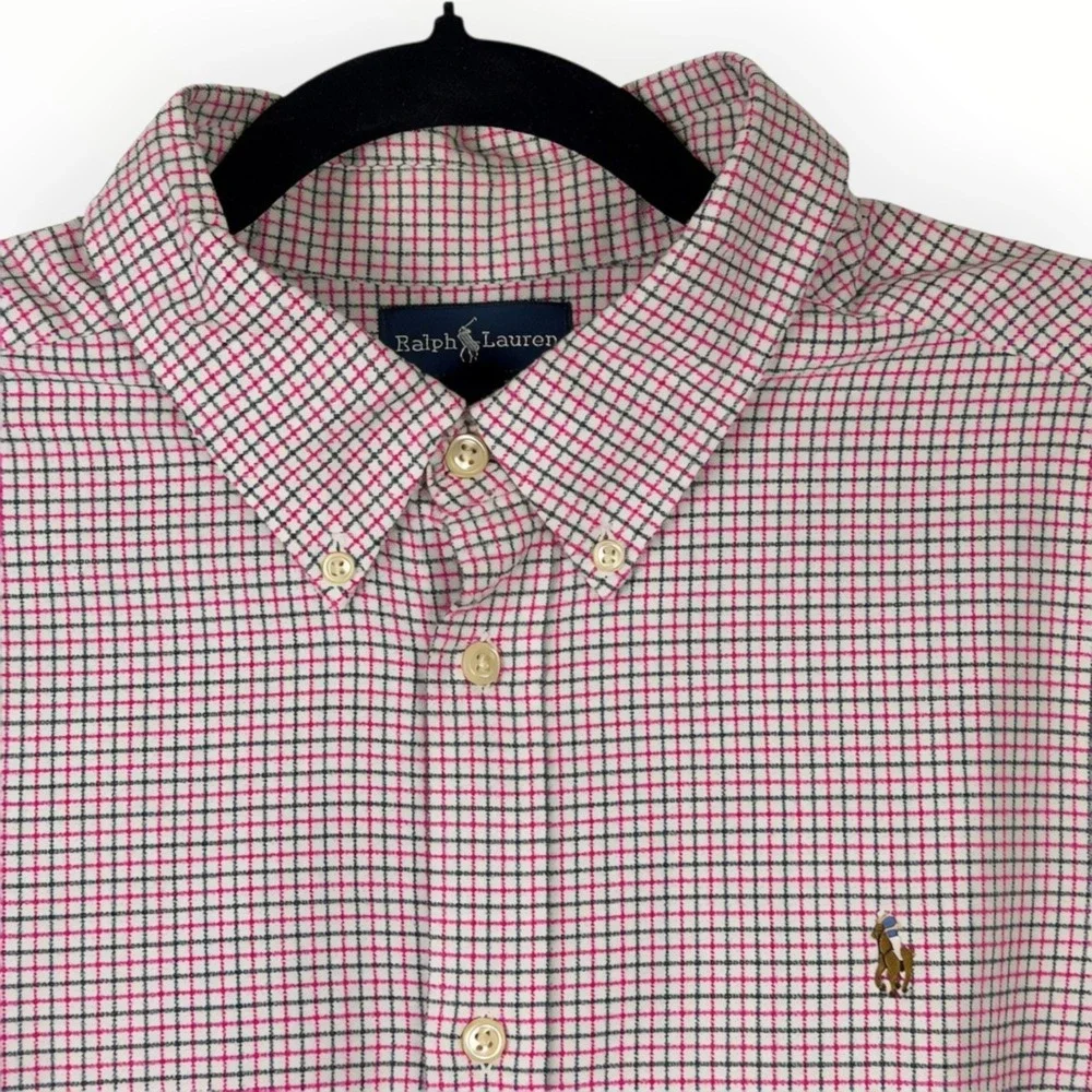 Ralph Lauren Button Down Boys XL 18-20 Pink Plaid Cotton Signature‎ Pony Shirt